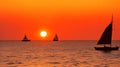 A lone sailboat silhouette on a neon-lit sea as the sun dips below the horizon