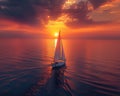 A lone sailboat on a vast ocean at sunset Royalty Free Stock Photo