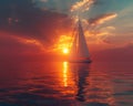 A lone sailboat on a vast ocean at sunset Royalty Free Stock Photo