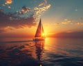 A lone sailboat on a vast ocean at sunset Royalty Free Stock Photo