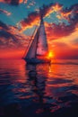 A lone sailboat on a vast ocean at sunset Royalty Free Stock Photo
