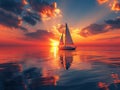 A lone sailboat on a vast ocean at sunset Royalty Free Stock Photo