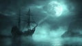 A lone sailing ship navigating foggy waters under a full moon Royalty Free Stock Photo