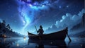 A lone sailor on a boat in a night landscape AI