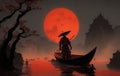 A lone samurai floating in a boat against the backdrop of a large red moon Royalty Free Stock Photo