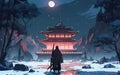 A lone samurai stands against a moonlit temple. Anime style