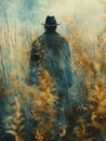 Lone Scarecrow Overlooking a Blurred Harvest Bounty The figure blurs with the field Royalty Free Stock Photo