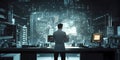 A lone scientist stands captivated by a vast, glowing digital display in a futuristic laboratory