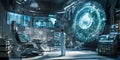 A lone scientist studies complex data on futuristic screens in a technologically advanced lab