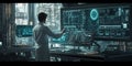 A lone scientist in a white lab coat intently works with advanced technology,