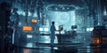 A lone scientist works amidst futuristic technology, analyzing data on glowing screens in a hightech lab