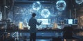 A lone scientist works late in a hightech lab, surrounded by futuristic equipment and holographic data displays