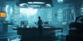 A lone scientist works late at night in a futuristic laboratory, surrounded by glowing screens displaying complex code