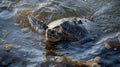 A lone sea turtle surfaces its shell coated in oil and its movements slow and labored as it attempts to escape the