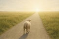 Lone sheep walking down a path toward bright light on the horizon Royalty Free Stock Photo