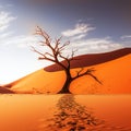 A lone skeleton of a dead tree against red sand dunes.