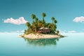 Lone small tropical island with palm trees surrounded sea blue water Royalty Free Stock Photo