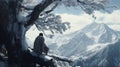 Majestic Winter Landscape: A Cinematic Still Of A Man On A Snow-covered Mountain