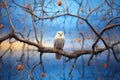 lone snowy owl staring from willow branch at dusk