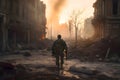 A lone soldier walks through the war-torn city between destroyed buildings, Generative AI 2