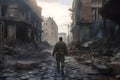 A lone soldier walks through the war-torn city between destroyed buildings, Generative AI 3