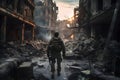 A lone soldier walks through the war-torn city between destroyed buildings, Generative AI