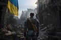 A lone soldier walks through the war-torn city between destroyed buildings, Ukrainian flag on the house, Generative AI 1