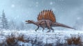 A lone spinosaurus trudging through a whiteout snowstorm using its large saillike structure to maintain balance in the