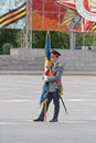 Lone standard-bearer with flag at the dress rehearsal of Military Parade on 67th anniversary of Victory in Great Patriotic War on