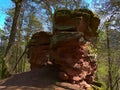 Lone standing rocks with red sandstone surrounded by mainly deciduous trees with green leaves in spring near Annweiler, Germany.