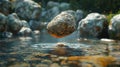 A lone stone suspended in midair above a crystalclear stream seemingly defying gravity. The image reflects the inner