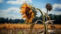 Lone sunflower droops in isolation Royalty Free Stock Photo