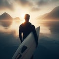 Surfer waits on early morning beach to catch the perfect wave Royalty Free Stock Photo