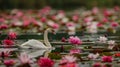 A lone swan gliding gracefully across a glassy lake surrounded by blooming water lilies. .