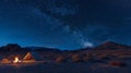 A lone tent pitched in the middle of a desert with a campfire burning nearby. The sky above is ablaze with stars Royalty Free Stock Photo