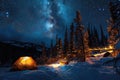 A lone tent stands in the snow, illuminated by the brilliant night sky filled with twinkling stars, creating a peaceful Royalty Free Stock Photo