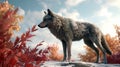 A lone Timber wolf or Grey Wolf (Canis lupus) standing in autumn and winter. Generative AI