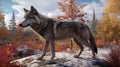 A lone Timber wolf or Grey Wolf (Canis lupus) standing in autumn and winter. Generative AI