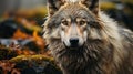 A lone Timber wolf or Grey Wolf standing on a rocky cliff looking back on a rainy day in autumn. ai