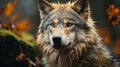 A lone Timber wolf or Grey Wolf standing on a rocky cliff looking back on a rainy day in autumn. ai