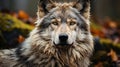 A lone Timber wolf or Grey Wolf standing on a rocky cliff looking back on a rainy day in autumn. ai