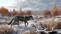 A lone Timber wolf or Grey Wolf (Canis lupus) standing in autumn and winter. Generative AI