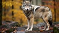 A lone Timber wolf or Grey Wolf (Canis lupus) standing on a rocky cliff looking back. generative ai Royalty Free Stock Photo