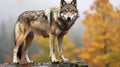 A lone Timber wolf or Grey Wolf (Canis lupus) standing on a rocky cliff looking back. generative ai