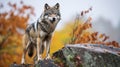 A lone Timber wolf or Grey Wolf (Canis lupus) standing on a rocky cliff looking back. generative ai Royalty Free Stock Photo