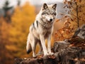 A lone Timber wolf or grey wolf on a rocky cliff on an autumn day in