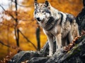 A lone Timber wolf or grey wolf on a rocky cliff on an autumn day in