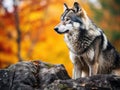 A lone Timber wolf or grey wolf on a rocky cliff on an autumn day in