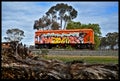 Lone train carriage on railway siding in rural Victoria, covered in graffiti.