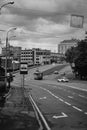 A lone tram under leaden clouds